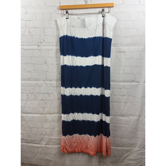 a.n.a Maxi Skirt Womens Large White Blue Striped Stretch Side Slit Drawstring - Picture 2 of 4
